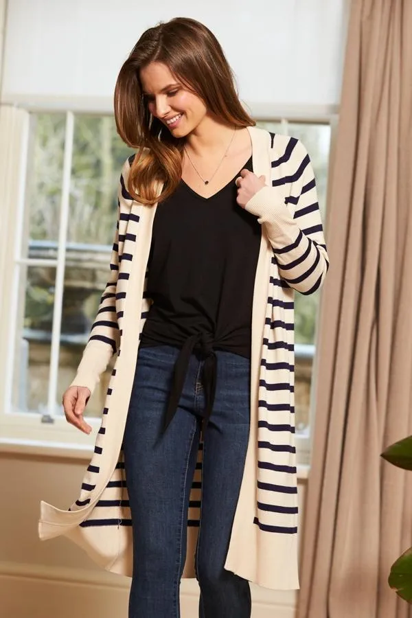 Sosandar Jackets and Coats Women Cream and Navy Striped Longline Knitted Cardigan Cream Navy