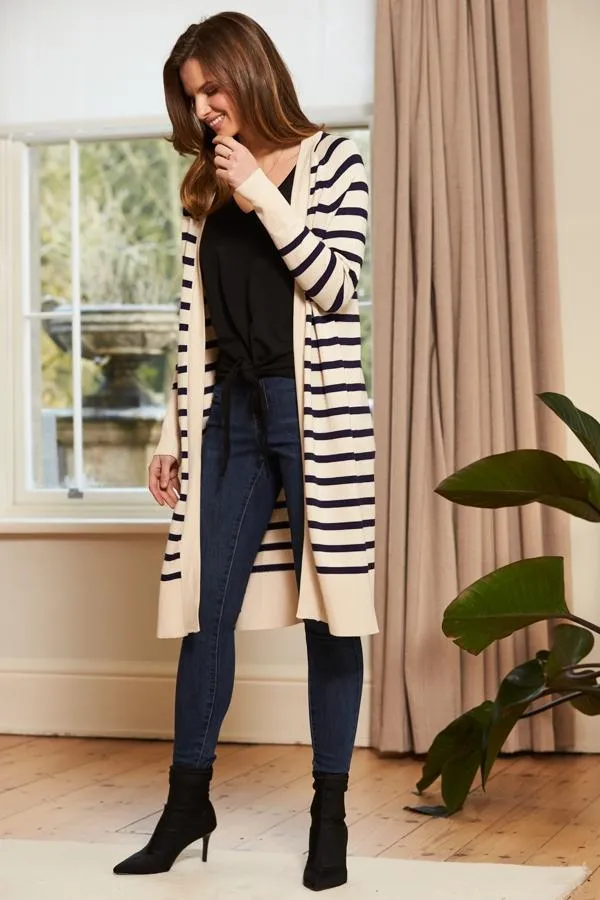 Sosandar Jackets and Coats Women Cream and Navy Striped Longline Knitted Cardigan Cream Navy