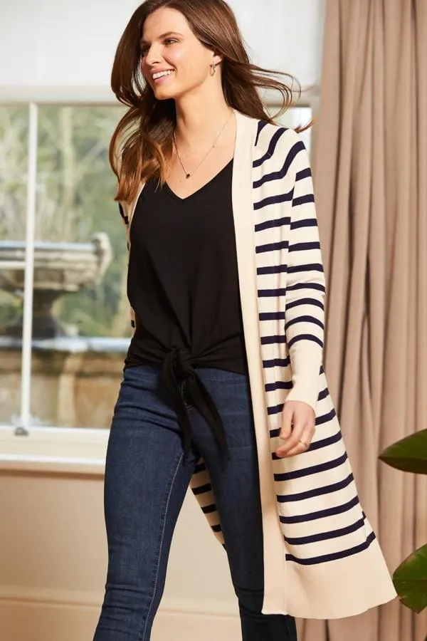 Sosandar Jackets and Coats Women Cream and Navy Striped Longline Knitted Cardigan Cream Navy
