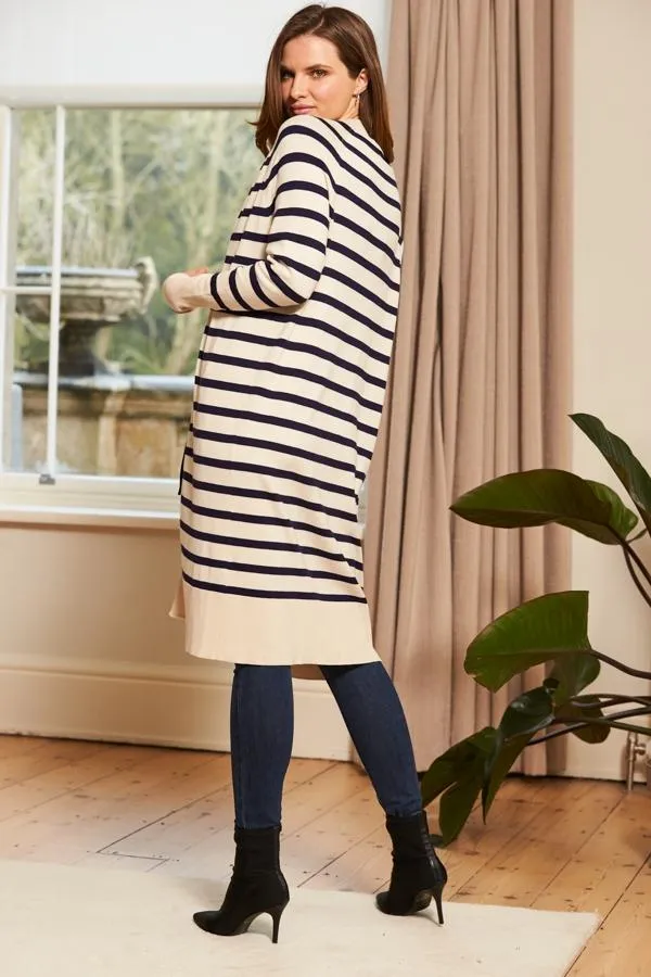 Sosandar Jackets and Coats Women Cream and Navy Striped Longline Knitted Cardigan Cream Navy