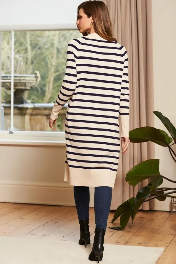 Sosandar Jackets and Coats Women Cream and Navy Striped Longline Knitted Cardigan Cream Navy