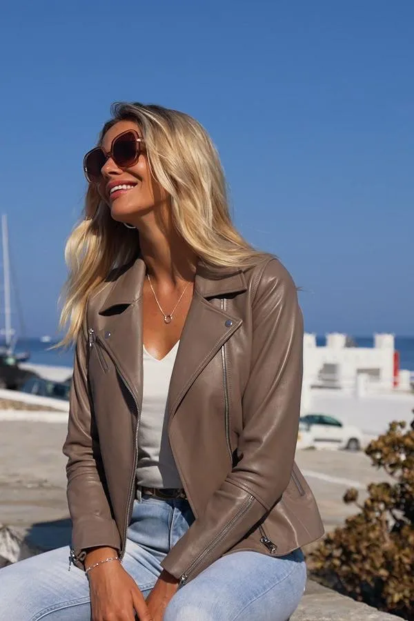 Sosandar Jackets and Coats Women Taupe Leather Biker Jacket