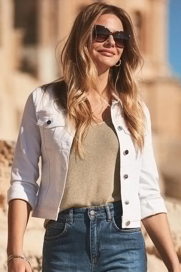 Sosandar Jackets and Coats Women White Denim Jacket With Silver Button Detail White