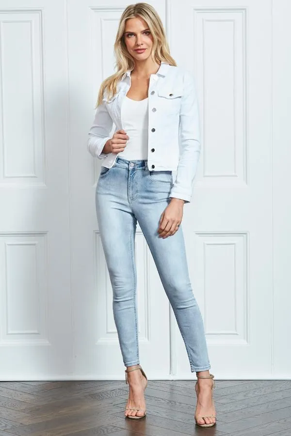 Sosandar Jackets and Coats Women White Denim Jacket With Silver Button Detail White