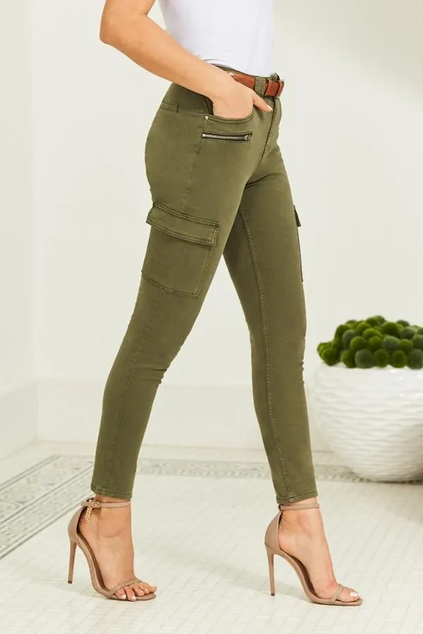Sosandar Jeans and Jeggings Women Khaki Green Zip Detail Cargo Skinny Jeans Khaki Green