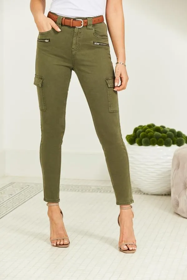 Sosandar Jeans and Jeggings Women Khaki Green Zip Detail Cargo Skinny Jeans Khaki Green
