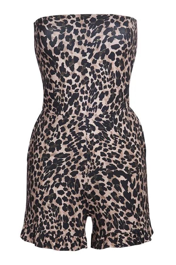 Sosandar Jumpsuits and Playsuits Women Leopard Print Ruffle Hem Jersey Playsuit With Pockets