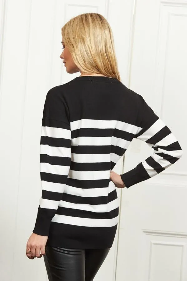 Sosandar Knitwear Women Black and White Stripe Relaxed Fit Jumper Black White