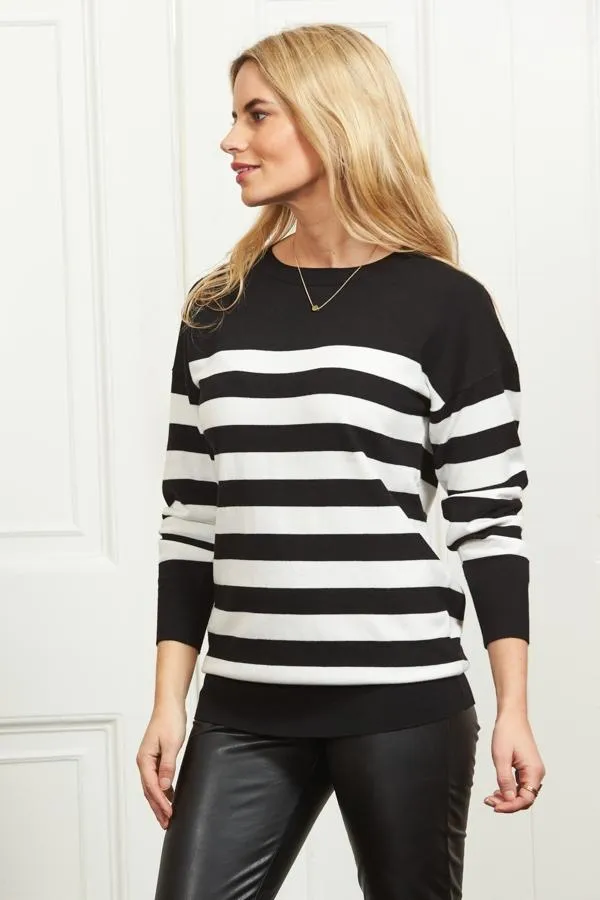 Sosandar Knitwear Women Black and White Stripe Relaxed Fit Jumper Black White