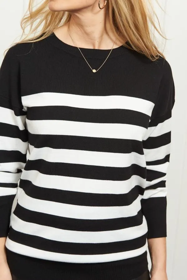 Sosandar Knitwear Women Black and White Stripe Relaxed Fit Jumper Black White