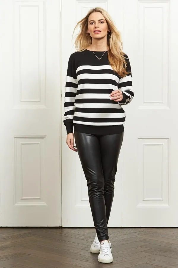 Sosandar Knitwear Women Black and White Stripe Relaxed Fit Jumper Black White