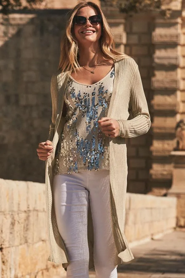 Sosandar Knitwear Women Champagne Gold Super Soft Ribbed Maxi Cardigan