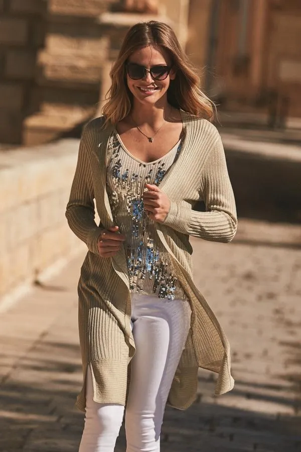 Sosandar Knitwear Women Champagne Gold Super Soft Ribbed Maxi Cardigan