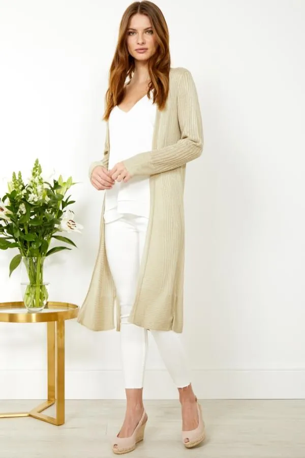 Sosandar Knitwear Women Champagne Gold Super Soft Ribbed Maxi Cardigan