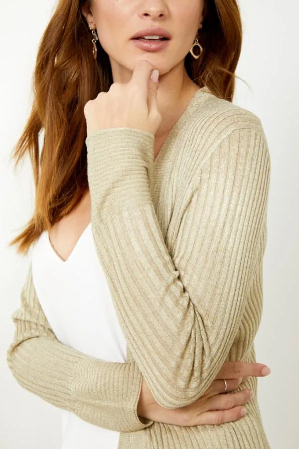Sosandar Knitwear Women Champagne Gold Super Soft Ribbed Maxi Cardigan