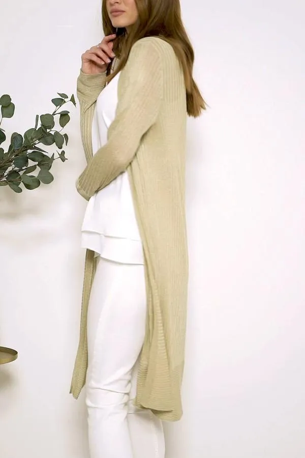 Sosandar Knitwear Women Champagne Gold Super Soft Ribbed Maxi Cardigan