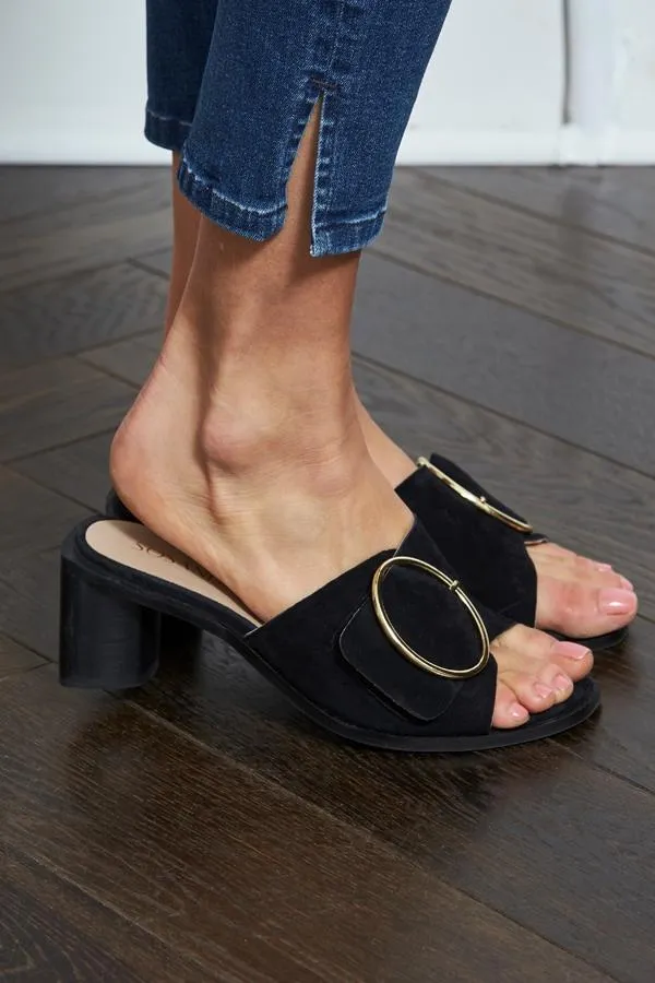 Sosandar Sandals and Flip Flops Women Maddison Black Suede Mule Sandal With Gold Buckle Detail Black Sosandar Sandals and Flip Flops Women Maddison Black Suede Mule Sandal With Gold Buckle Detail Black
