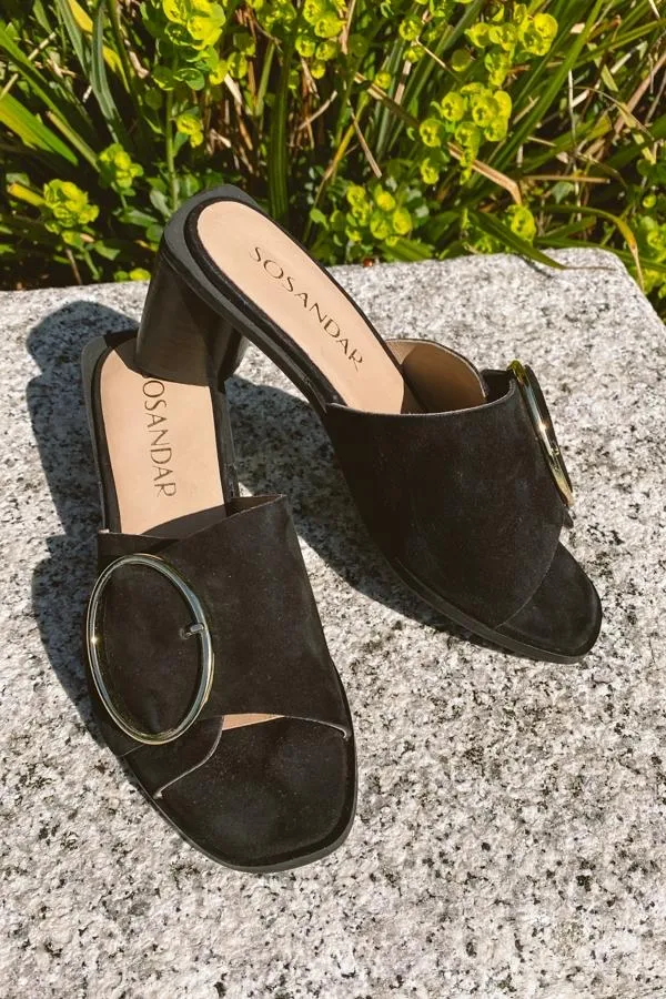 Sosandar Sandals and Flip Flops Women Maddison Black Suede Mule Sandal With Gold Buckle Detail Black