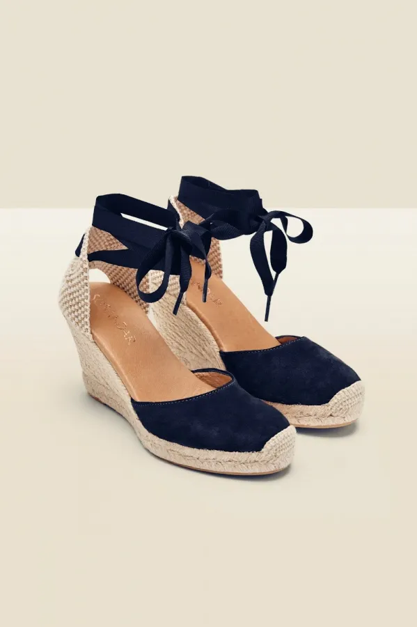 Sosandar Sandals and Flip Flops Women Perla Navy Blue Suede Valenciana Wedge Espadrille Navy Blue