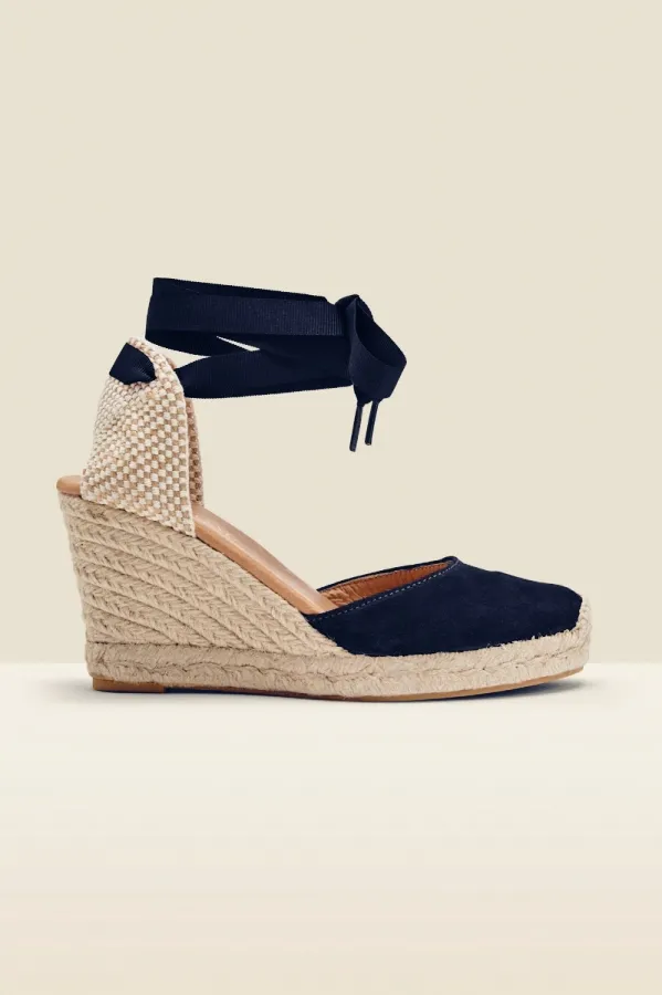 Sosandar Sandals and Flip Flops Women Perla Navy Blue Suede Valenciana Wedge Espadrille Navy Blue