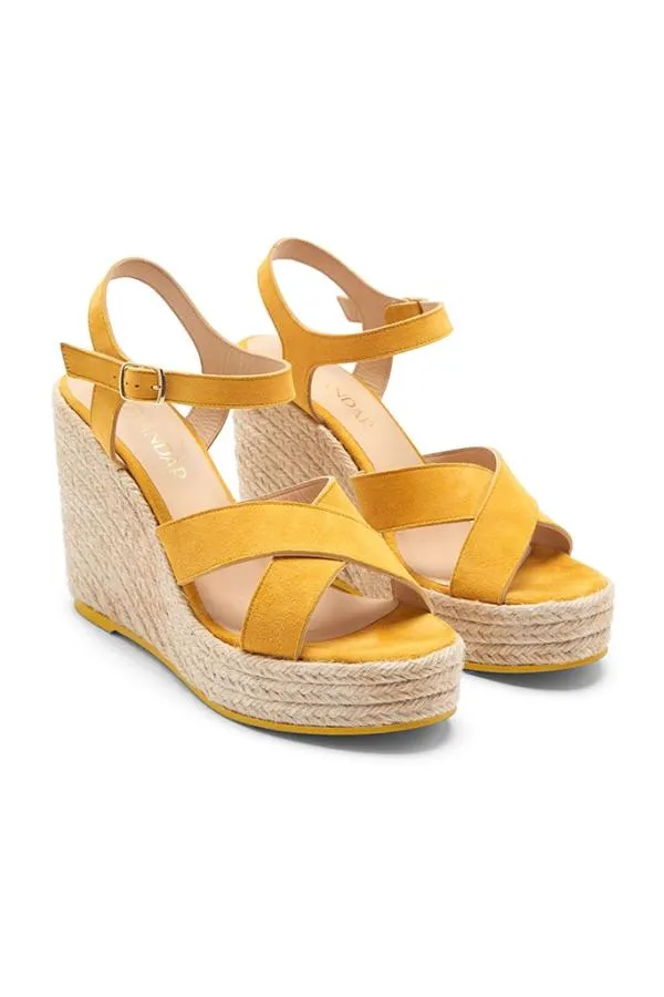 Sosandar Sandals and Flip Flops Women Yellow Havana Suede Espadrille Wedges