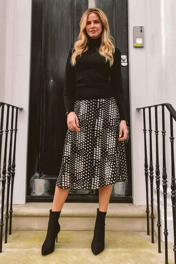 Sosandar Skirts Women Black and Cream Multi Spot Midi Skirt Black Cream