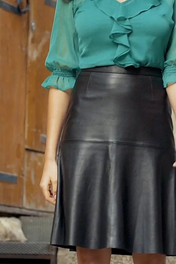 Sosandar Skirts Women Black Leather Flared A Line Skirt Black