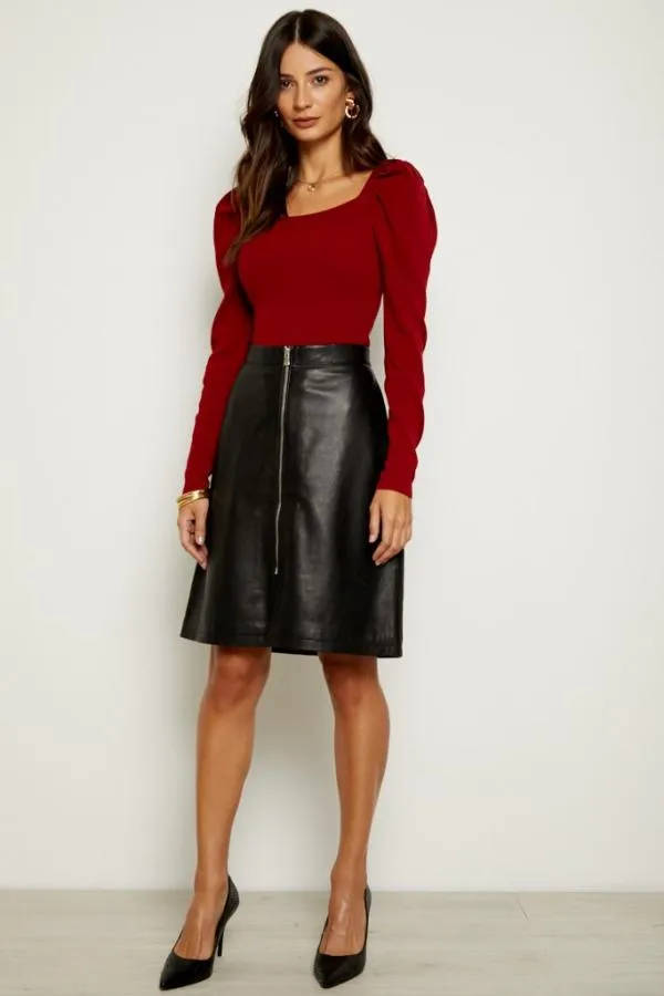 Sosandar Skirts Women Black Leather Zip Front A Line Skirt Black