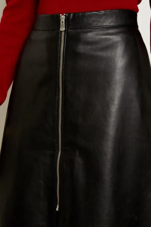 Sosandar Skirts Women Black Leather Zip Front A Line Skirt Black