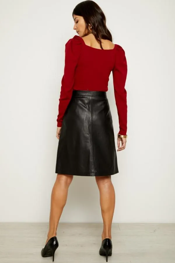 Sosandar Skirts Women Black Leather Zip Front A Line Skirt Black