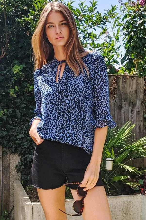 Sosandar Tops Women Blue Animal Print Tie Neck Top Blue