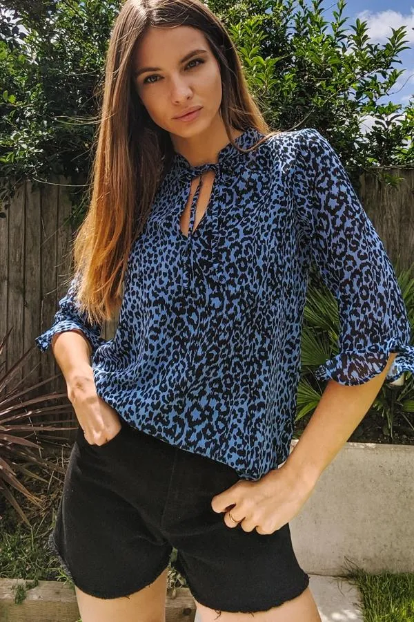 Sosandar Tops Women Blue Animal Print Tie Neck Top Blue