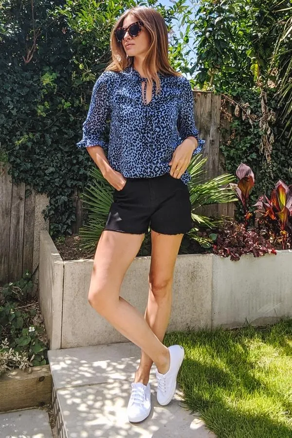 Sosandar Tops Women Blue Animal Print Tie Neck Top Blue