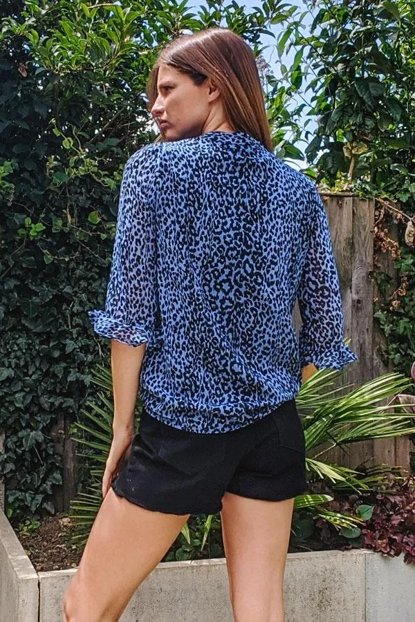 Sosandar Tops Women Blue Animal Print Tie Neck Top Blue