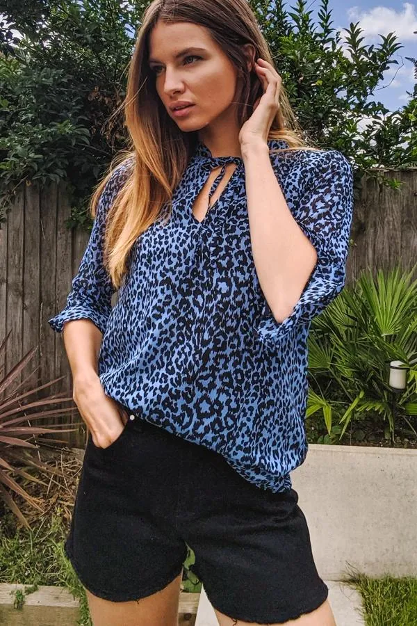 Sosandar Tops Women Blue Animal Print Tie Neck Top Blue