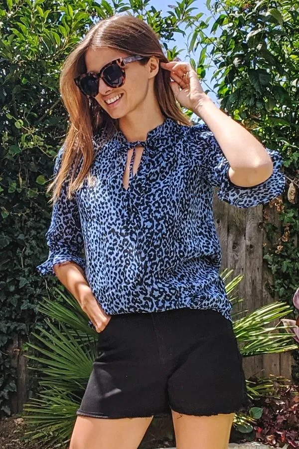 Sosandar Tops Women Blue Animal Print Tie Neck Top Blue