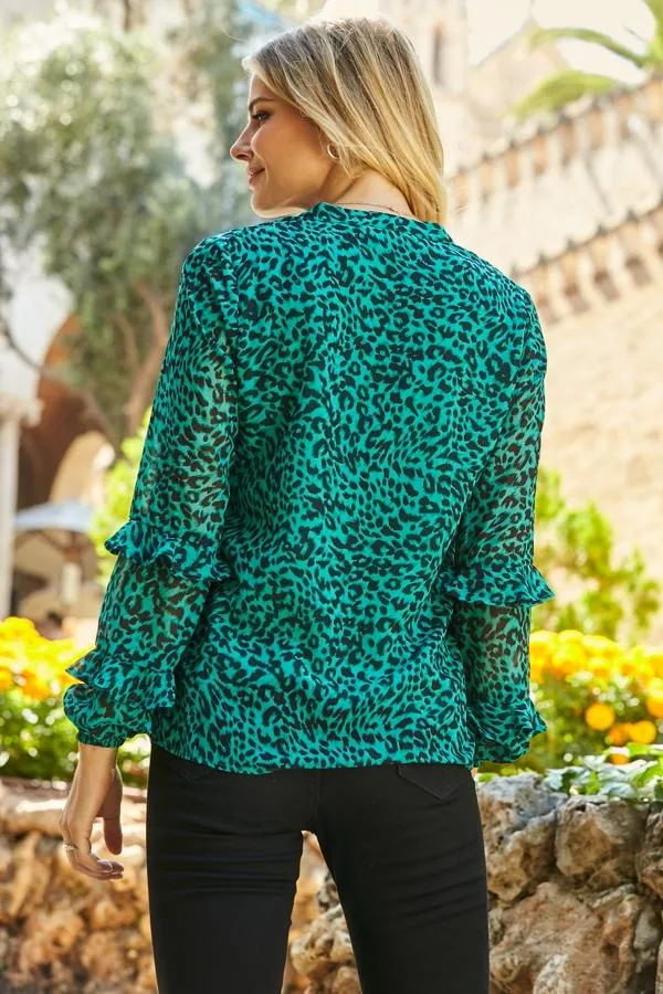 Sosandar Tops Women Green and Black Animal Print Ruffle Sleeve Top Green Black