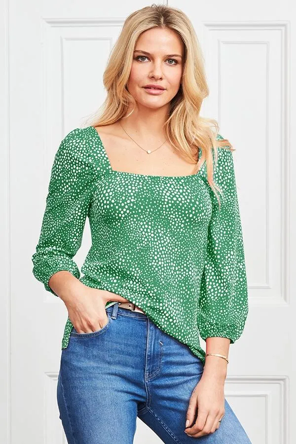 Sosandar Tops Women Green Confetti Spot Print Square Neck Jersey Top Green