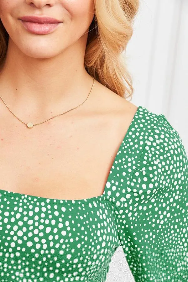 Sosandar Tops Women Green Confetti Spot Print Square Neck Jersey Top Green