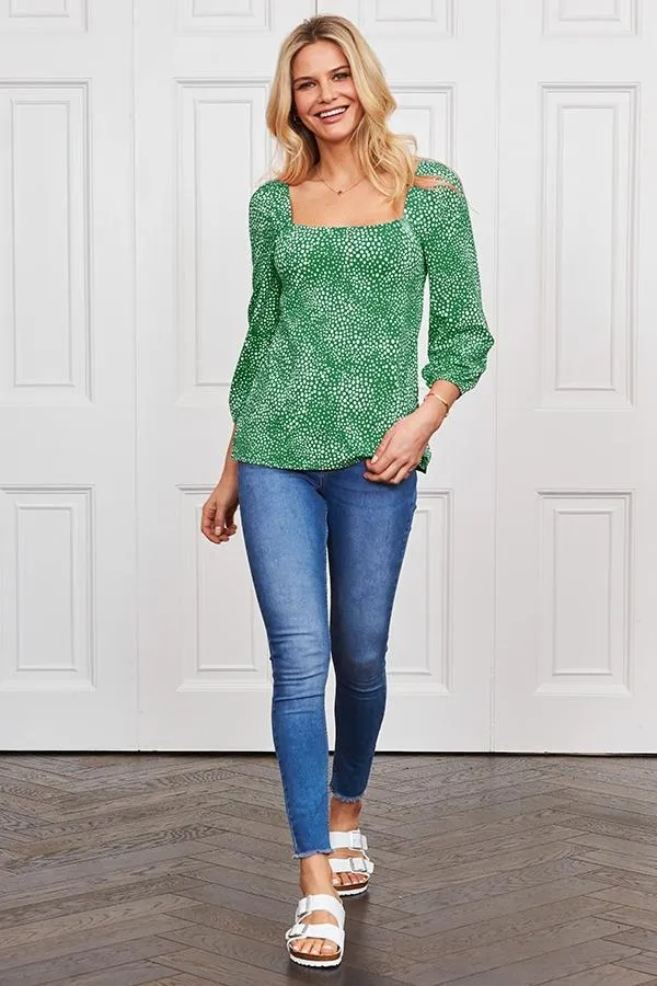 Sosandar Tops Women Green Confetti Spot Print Square Neck Jersey Top Green