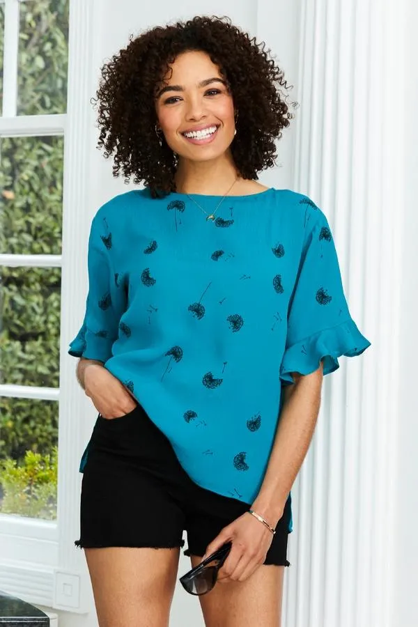 Sosandar Tops Women Green Dandelion Print Ruffle Detail Top Green