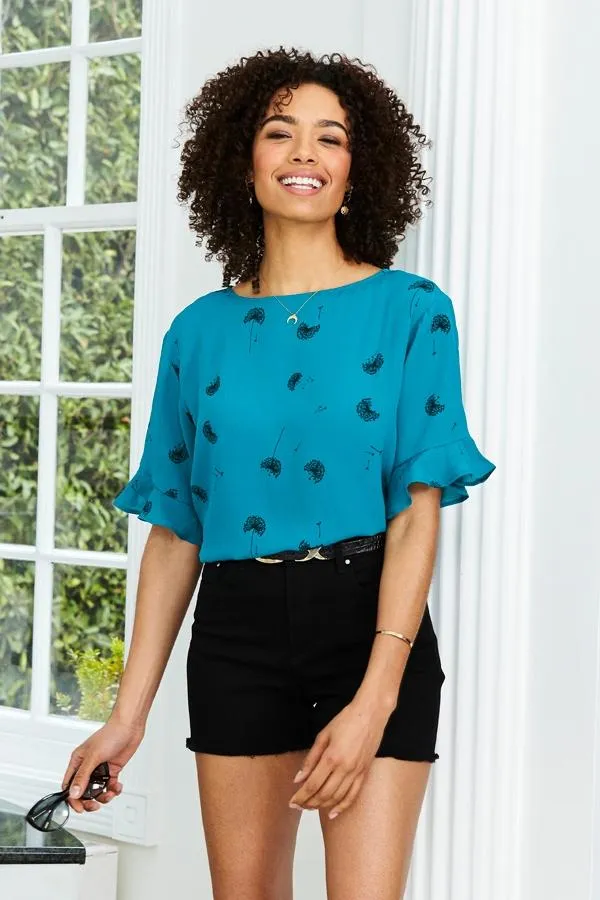 Sosandar Tops Women Green Dandelion Print Ruffle Detail Top Green