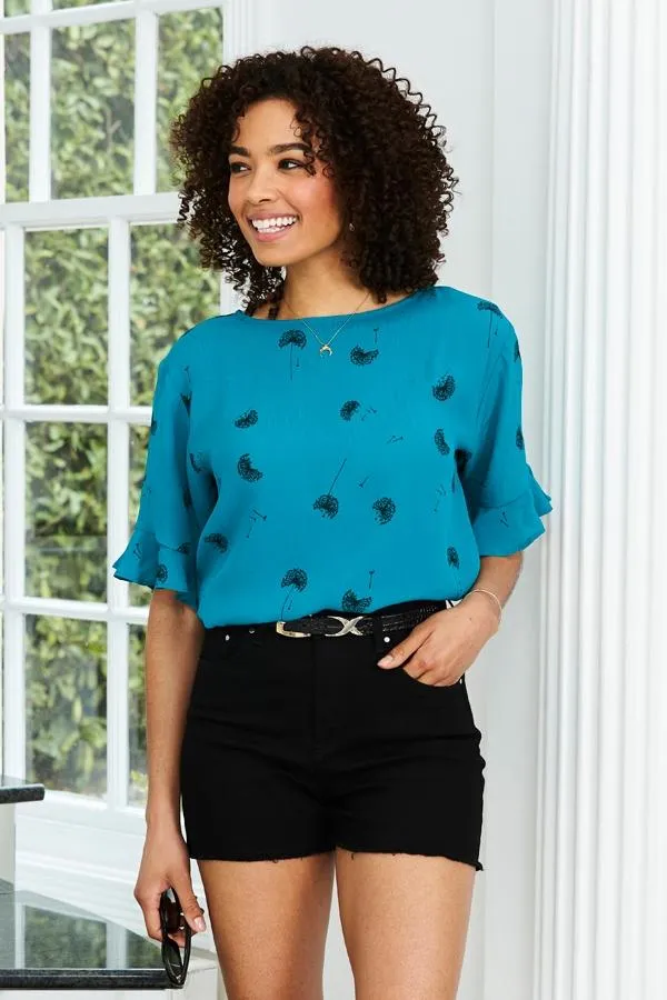 Sosandar Tops Women Green Dandelion Print Ruffle Detail Top Green
