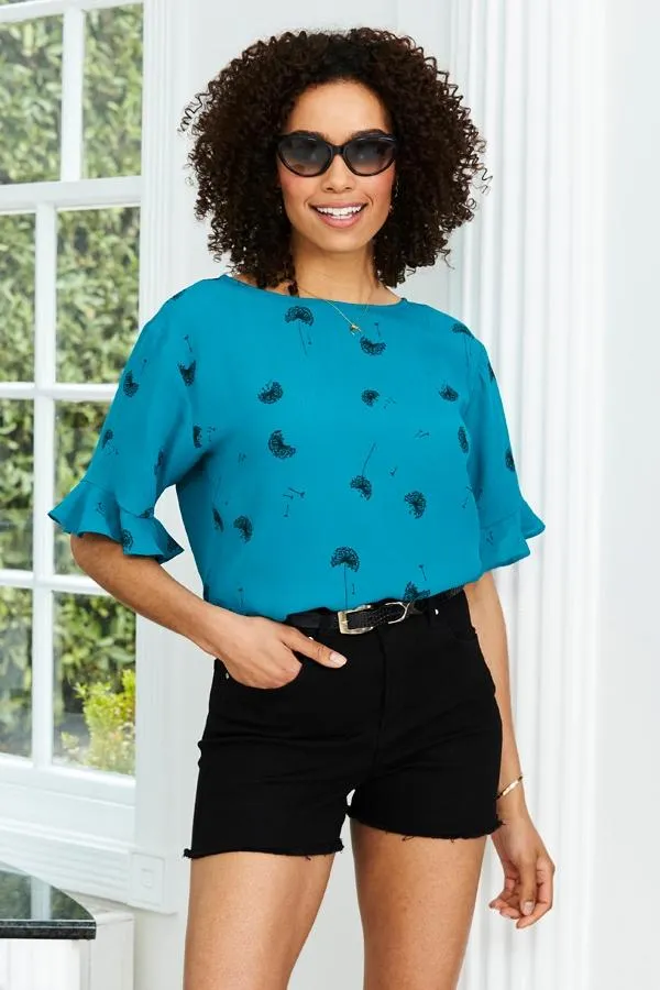 Sosandar Tops Women Green Dandelion Print Ruffle Detail Top Green