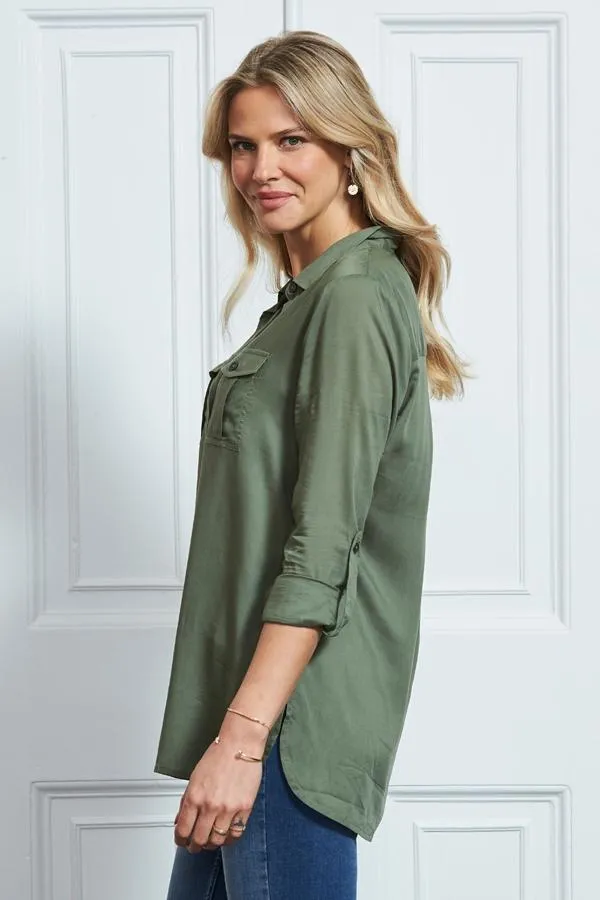 Sosandar Tops Women Khaki Green Pocket Detail Utility Shirt Khaki Green