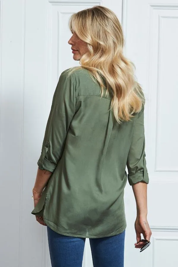 Sosandar Tops Women Khaki Green Pocket Detail Utility Shirt Khaki Green
