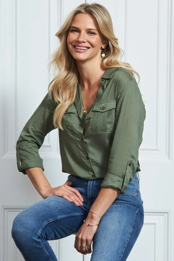 Sosandar Tops Women Khaki Green Pocket Detail Utility Shirt Khaki Green