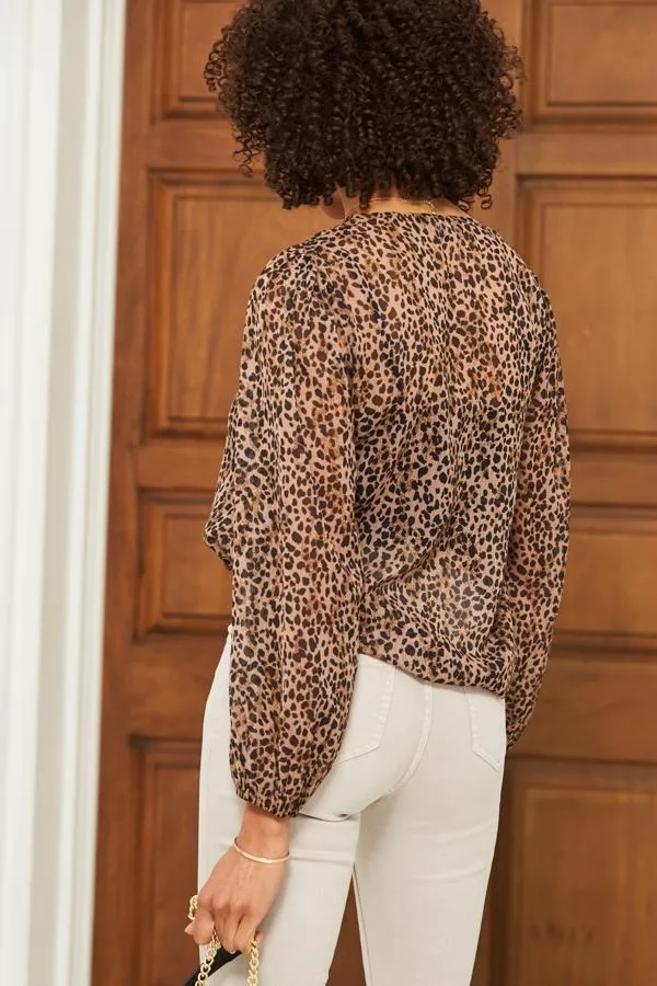 Sosandar Tops Women Leopard Print Button Front Sheer Sleeve Blouse