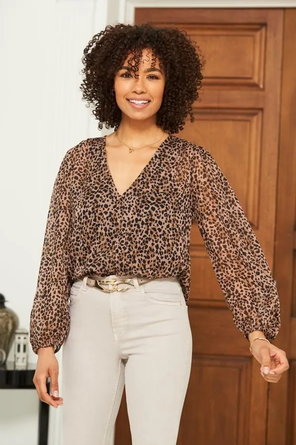 Sosandar Tops Women Leopard Print Button Front Sheer Sleeve Blouse