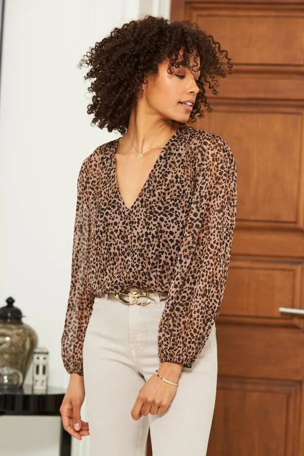 Sosandar Tops Women Leopard Print Button Front Sheer Sleeve Blouse